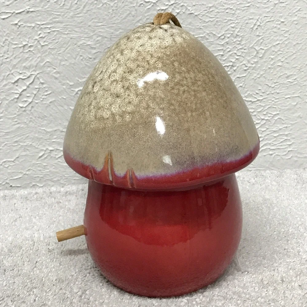 Ceramic Mushroom Birdhouse Hanging Garden Decor Red Toadstool Village Novelty 8